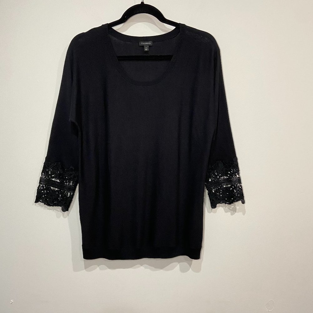 Talbots Black Knit Top With Lace Sleeves Size Small